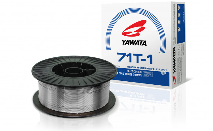 A spool of Yawata 71T-1 Flux Cored Loin Wires (FCW) shown in front of its white, blue, and red retail box on a clean white background.