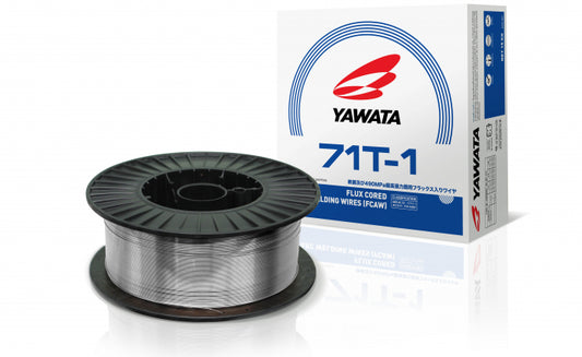 A spool of Yawata 71T-1 Flux Cored Loin Wires (FCW) shown in front of its white, blue, and red retail box on a clean white background.